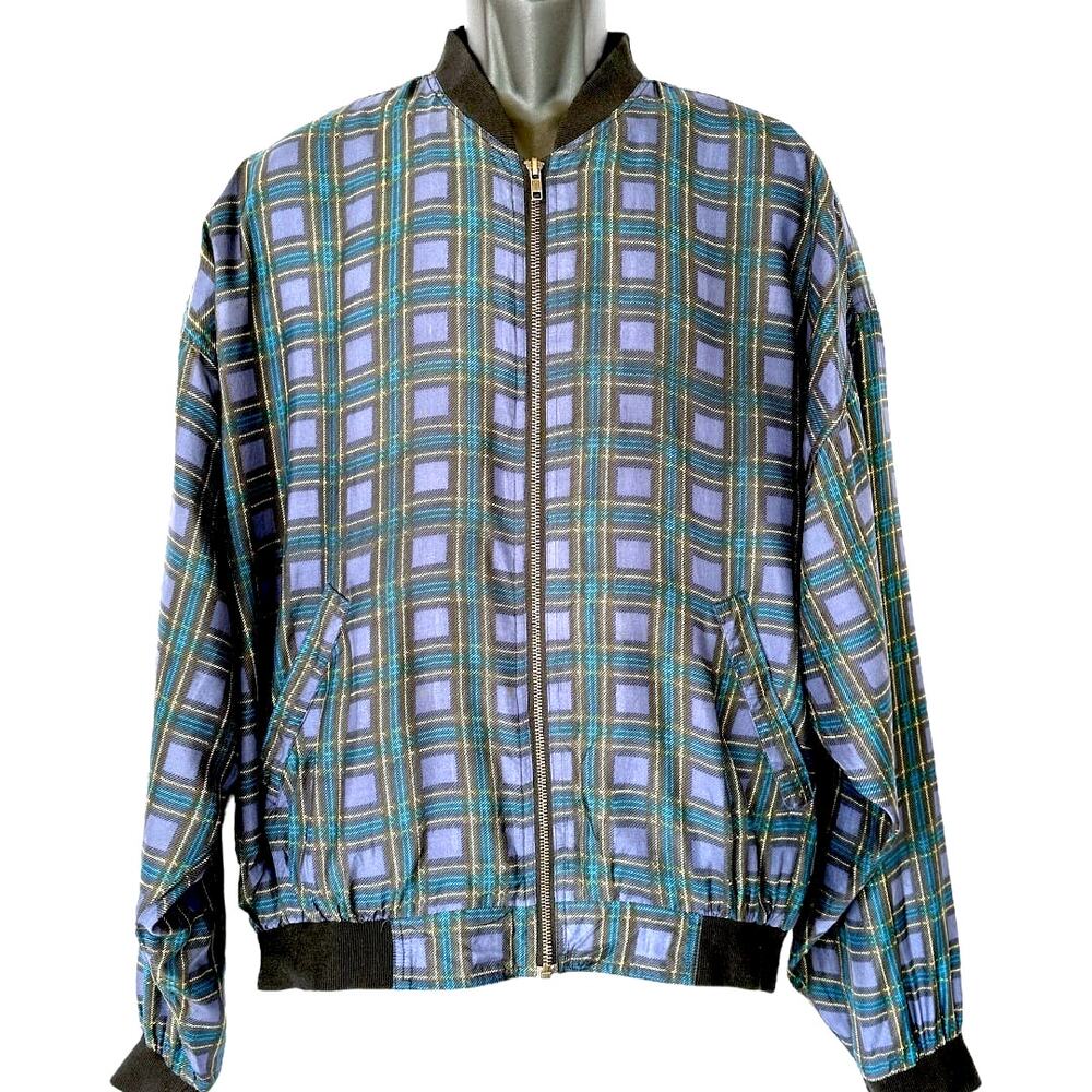 Vintage 80s Men's Silk Bomber Jacket Sz XL Blue Green Yellow Plaid PROTEST Brand